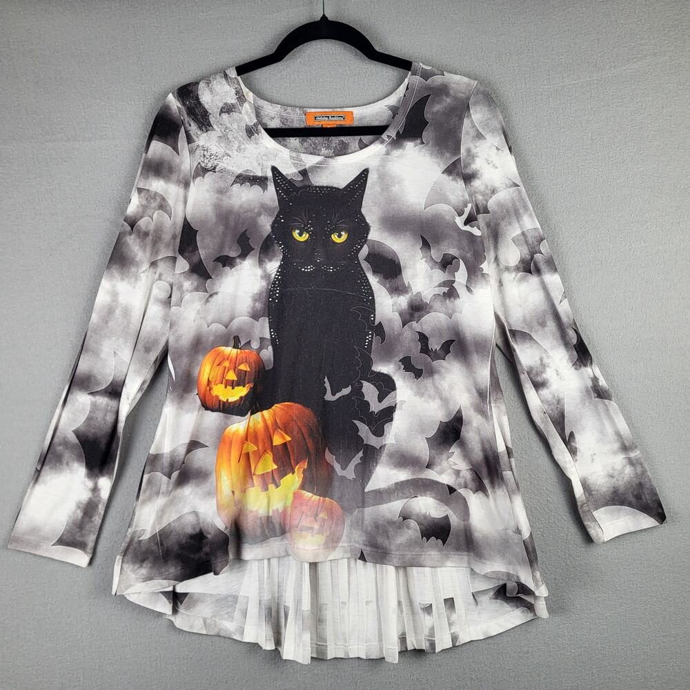 Holiday Traditions Size M Long Sleeve Black Cat Top‎ Halloween Jack O Lantern
